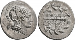 IONIA. Herakleia ad Latmon. Circa 140-135 BC. Tetradrachm (Silver, 31 mm, 16.82 g, 12 h). Head of Athena to right, wearing crested Attic helmet decora...