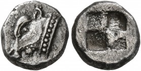 IONIA. Uncertain. Circa 550-500 BC. Obol (Silver, 8 mm, 0.95 g). Head of a calf to left. Rev. Quadripartite incuse square. CNG E-Auction 303 (2013), 4...
