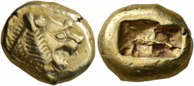 KINGS OF LYDIA. Alyattes II to Kroisos, circa 610-546 BC. Trite (Electrum, 13 mm, 4.71 g), Sardes. Head of a lion with sun and rays on its forehead to...