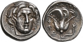 ISLANDS OFF CARIA, Rhodos. Rhodes. Circa 305-275 BC. Didrachm (Silver, 19 mm, 6.94 g, 11 h). Head of Helios facing slightly to right. Rev. ΡΟΔΙΟΝ Rose...