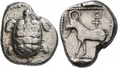 CYPRUS. Uncertain kings. Circa 480-460 BC. Stater (Silver, 23 mm, 11.35 g, 6 h). Land tortoise. Rev. He-goat standing left; above, ankh with double cr...