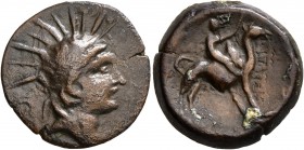 MESOPOTAMIA, Adiabene. Natounia. Late 2nd-early/mid 1st century BC. AE (Bronze, 19 mm, 5.34 g, 12 h). Radiate head of Helios-Shamash to right. Rev. Ri...