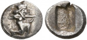 PERSIA, Achaemenid Empire. Time of Darios I to Xerxes I , circa 505-480 BC. 1/32 Siglos (Silver, 6 mm, 0.15 g). Persian king or hero in kneeling/runni...