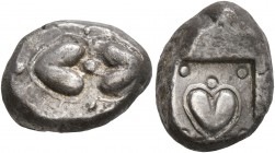 KYRENAICA. Kyrene. Circa 500-480 BC. Drachm (Silver, 14 mm, 4.06 g), Attic standard. Two silphium fruits back to back with central pellet and four pel...