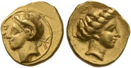 KYRENAICA. Kyrene. Circa 331-322 BC. 1/10 Stater (Gold, 8 mm, 0.83 g, 12 h), Kyd..., magistrate. KY[Δ] Head of Karneios to left, with ram's horn over ...