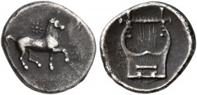 KYRENAICA. Kyrene. Magas, as Ptolemaic Governor , first reign, circa 300-282/75 BC. Hemiobol (Silver, 9 mm, 0.43 g, 12 h). Horse prancing to right; ab...