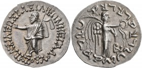 INDO-SKYTHIANS. Azes, circa 58-12 BC. Tetradrachm (Silver, 31 mm, 9.30 g, 1 h). BAΣIΛEΩΣ BAΣIΛEΩN MEΓAΛOY AZOY Zeus standing left, holding long fillet...