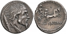 L. Hostilius Saserna, 48 BC. Denarius (Silver, 18 mm, 3.86 g, 11 h), Rome. Bearded male head with wild hair and long plaited beard to right; cloak aro...