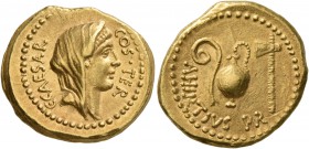 Julius Caesar, 49-44 BC. Aureus (Gold, 19 mm, 8.08 g, 1 h), with A. Hirtius, praetor, Rome, early 46. C•CAESAR COS•TER Veiled female head (of Vesta or...