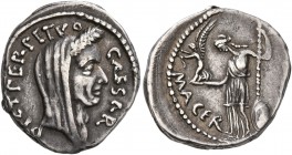 Julius Caesar, 49-44 BC. Denarius (Silver, 18 mm, 3.79 g, 4 h), with P. Sepullius Macer, Rome, first half of March 44. CAESAR DICT•PERPETVO Laureate h...