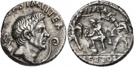 Sextus Pompey, † 35 BC. Denarius (Silver, 18 mm, 3.71 g, 12 h), military mint in Sicily, 37-36. [MAG•PI]VS•IMP•ITER Bare head of Cn. Pompeius Magnus t...