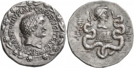 Mark Antony and Octavia, 40-35 BC. Cistophorus (Silver, 27 mm, 11.99 g, 1 h), Ephesus, summer-autumn 39. M ANTONIVS•IMP•COS•DESIG•ITER ET•TERT Head of...