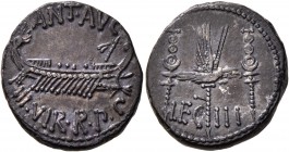 Mark Antony, 44-30 BC. Denarius (Silver, 17 mm, 3.72 g, 6 h), military mint moving with Mark Antony (Patrae?), 32-31. ANT•AVG - III•VIR•R•P•C Galley t...