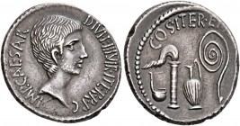 Octavian, 44-27 BC. Denarius (Silver, 19 mm, 3.85 g, 2 h), uncertain mint in Italy, 37. IMP•CAESAR•DIVI•F•III•VIR•ITER•R•P•C Bare head of Octavian to ...