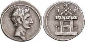 Octavian, 44-27 BC. Denarius (Silver, 19 mm, 3.54 g, 8 h), uncertain mint in Italy (Rome?), 30-29. Bare head of Octavian to right. Rev. Facade of the ...