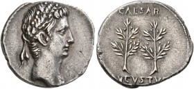 Augustus, 27 BC-AD 14. Denarius (Silver, 18 mm, 3.73 g, 7 h), uncertain mint in Spain, 19-18 BC. Head of Augustus to right, wearing oak wreath. Rev. C...