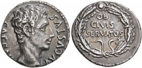 Augustus, 27 BC-AD 14. Denarius (Silver, 17 mm, 3.58 g, 7 h), uncertain mint in Spain, 19-18 BC. CAESAR AVGVSTVS Bare head of Augustus to right. Rev. ...