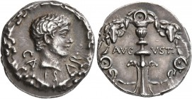 Augustus, 27 BC-AD 14. Denarius (Silver, 18 mm, 3.70 g, 6 h), uncertain eastern mint (in Pannonia?), circa 12 BC. CA-ES-AR• Youthful bare head of Augu...