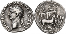 Divus Claudius, died 54. Denarius (Silver, 18 mm, 3.70 g, 3 h), Rome, October-December 54. DIVVS CLAVDIVS AVGVSTVS Laureate head of Divus Claudius to ...