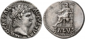 Nero, 54-68. Denarius (Silver, 17 mm, 3.52 g, 6 h), Rome, 65-66. NERO CAESAR AVGVSTVS Laureate head of Nero to right. Rev. SALVS Salus seated left on ...