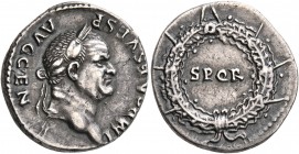 Vespasian, 69-79. Denarius (Silver, 18 mm, 3.00 g, 12 h), Rome, 73. IMP CAES VESP AVG CEN Laureate head of Vespasian to right. Rev. S P Q R within lau...