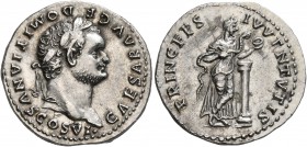 Domitian, as Caesar, 69-81. Denarius (Silver, 19 mm, 3.47 g, 7 h), Rome, 79. CAESAR AVG F DOMITIANVS COS VI• Laureate head of Domitian to right. Rev. ...