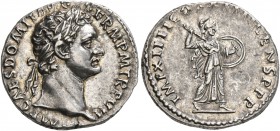 Domitian, 81-96. Denarius (Silver, 18 mm, 3.51 g, 7 h), Rome, 1st January-13 September 88. IMP CAES DOMIT AVG GERM P M TR P VII Laureate head of Domit...