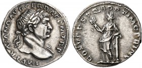 Trajan, 98-117. Denarius (Silver, 18 mm, 3.74 g, 7 h), Rome, circa 110. IMP TRAIANO AVG GER DAC P M TR P Laureate head of Trajan to right, with slight...