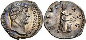 Hadrian, 117-138. Denarius (Silver, 18 mm, 3.11 g, 7 h), Rome, 134-138. HADRIANVS AVG COS III P P Bare head of Hadrian to right. Rev. SALVS AVG Salus ...