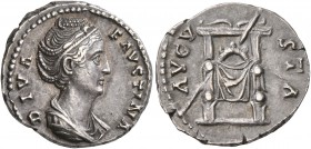 Diva Faustina Senior, died 140/1. Denarius (Silver, 17 mm, 3.82 g, 6 h), Rome. DIVA FAVSTINA Diademed and draped bust of Diva Faustina to right. Rev. ...
