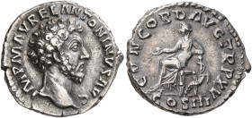 Marcus Aurelius, 161-180. Denarius (Silver, 16 mm, 3.55 g, 6 h), Rome, March-December 161. IMP M AVREL ANTONINVS AVG Bare head of Marcus Aurelius to r...