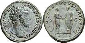 Marcus Aurelius, 161-180. Sestertius (Orichalcum, 32 mm, 26.47 g, 11 h), Rome, 161-162. IMP CAES M AVREL ANTONINVS AVG P M Laureate head of Marcus Aur...