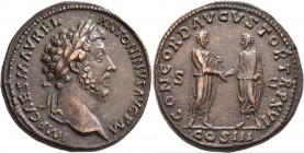 Marcus Aurelius, 161-180. Sestertius (Orichalcum, 32 mm, 27.77 g, 12 h), Rome, 161-162. IMP CAES M AVREL ANTONINVS AVG P M Laureate head of Marcus Aur...