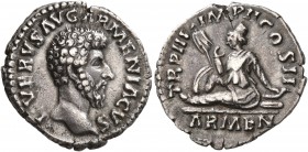 Lucius Verus, 161-169. Denarius (Silver, 18 mm, 3.28 g, 12 h), Rome, autumn-December 163. L VERVS AVG ARMENIACVS Bare head of Lucius Verus to right. R...