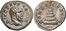 Divus Septimius Severus, died 211. Denarius (Silver, 20 mm, 3.22 g, 8 h), Rome, mid to late 211. DIVO SEVERO PIO Bare head of Septimius Severus to rig...
