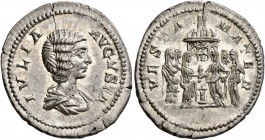Julia Domna, Augusta, 193-217. Denarius (Silver, 21 mm, 3.94 g, 12 h), Rome, 196-211. IVLIA AVGVSTA Draped bust of Julia Domna to right. Rev. VESTA MA...