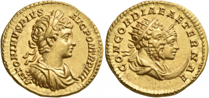 Caracalla, with Septimius Severus and Julia Domna, 198-217. Aureus (Gold, 19 mm,...