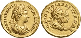 Caracalla, with Septimius Severus and Julia Domna, 198-217. Aureus (Gold, 19 mm, 7.30 g, 7 h), Rome, 201. ANTONINVS PIVS AVG PON TR P IIII Laureate, d...