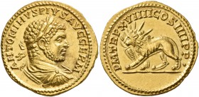 Caracalla, 198-217. Aureus (Gold, 20 mm, 6.31 g, 6 h), Rome, 216. ANTONINVS PIVS AVG GERM Laureate, draped and cuirassed bust of Caracalla to right, s...