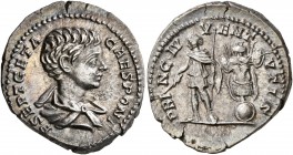 Geta, as Caesar, 198-209. Denarius (Silver, 20 mm, 3.38 g, 12 h), Rome, 200-202. P SEPT GETA CAES PONT Bare-headed and draped bust of Geta to right, s...
