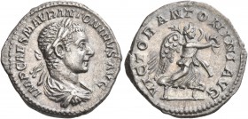 Elagabalus, 218-222. Denarius (Silver, 19 mm, 3.39 g, 6 h), Rome, 218-219. IMP CAES M AVR ANTONINVS AVG Laureate, draped and cuirassed bust of Elagaba...