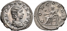 Julia Paula, Augusta, 219-220. Denarius (Silver, 20 mm, 2.99 g, 1 h), Rome. IVLIA PAVLA AVG Draped bust of Julia Paula to right. Rev. CONCORDIA Concor...