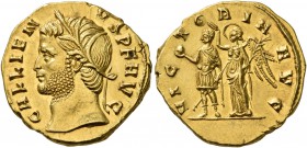 Gallienus, 253-268. Heavy Aureus (Gold, 19 mm, 5.78 g, 12 h), Rome, 265 or 266. GALLIENVS P F AVG Head of Gallienus to left, wearing wreath of grain l...