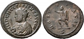 Tacitus, 275-276. Antoninianus (Bronze, 22 mm, 4.03 g, 1 h), Ticinum, early-mid 276. IMP C M CL TACITVS AVG C III Radiate bust of Tacitus to left, wea...