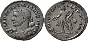 Maximianus, first reign, 286-305. Follis (Bronze, 26 mm, 9.20 g, 12 h), Treveri, 298-299. IMP MAXIMIANVS AVG Laureate bust of Maximian to left, draped...