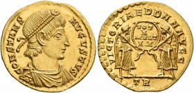 Constans, 337-350. Solidus (Gold, 22 mm, 4.53 g, 6 h), Treveri, 345. CONSTANS AVGVSTVS Pearl-diademed, draped and cuirassed bust of Constans to right....