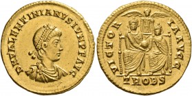 Valentinian II, 375-392. Solidus (Gold, 21 mm, 4.48 g, 12 h), Treveri, 377-380. D N VALENTINIANVS IVN P F AVG Pearl-diademed, draped and cuirassed bus...