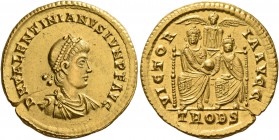 Valentinian II, 375-392. Solidus (Gold, 20 mm, 4.50 g, 12 h), Treveri, 377-380. D N VALENTINIANVS IVN P F AVG Pearl-diademed, draped and cuirassed bus...