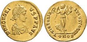 Honorius, 393-423. Tremissis (Gold, 14 mm, 1.48 g, 6 h), Constantinopolis, circa 388-393 or 397-402. D N HONORI-VS P F AVG Pearl-diademed, draped and ...