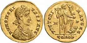 Honorius, 393-423. Solidus (Gold, 20 mm, 3.92 g, 6 h), Mediolanum, 395-423. D N HONORI-VS P F AVG Pearl-diademed, draped and cuirassed bust of Honoriu...